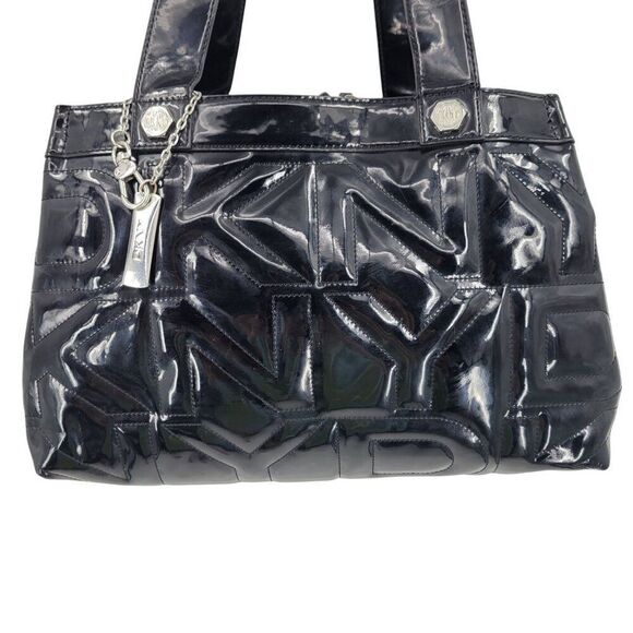 Vtg 90s Y2K Black Patent Leather Logo Quilted Shoulder Tote Bag Purse Trending - Picture 2 of 14